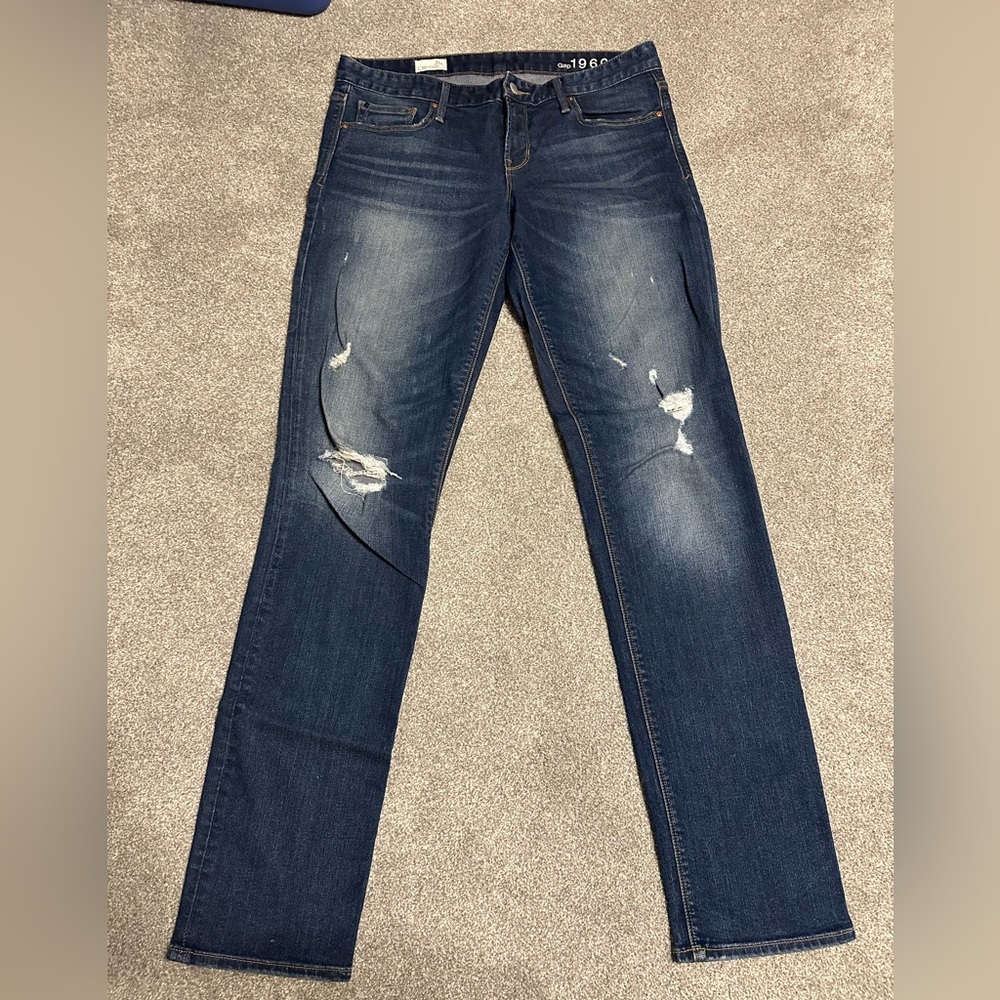 GAP Real Straight Dark Blue Distressed Skinny Jeans
